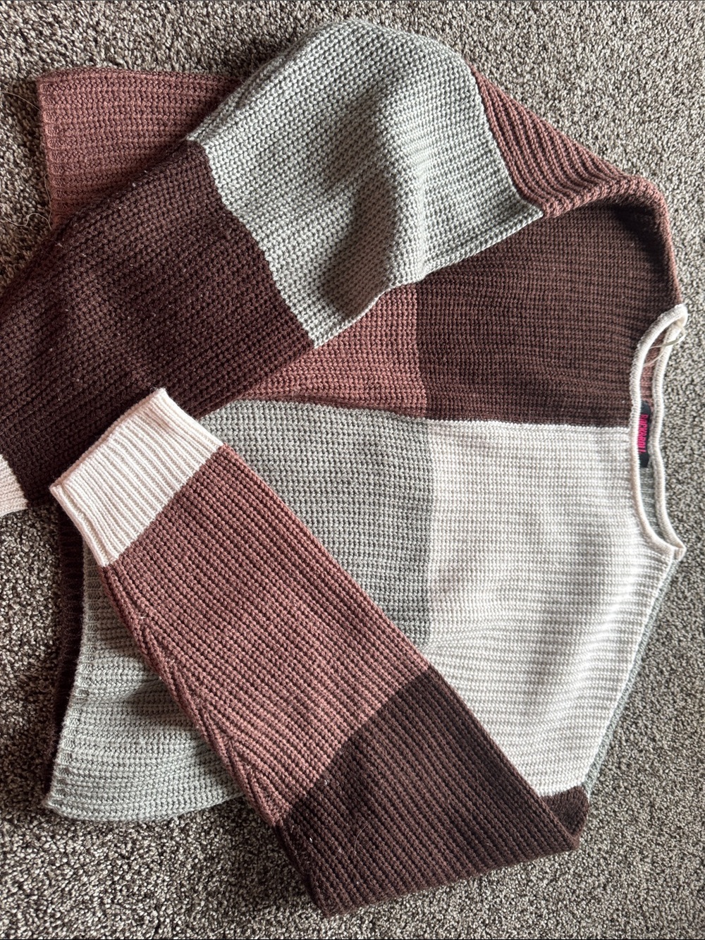 Colorblock Crewneck Sweater in Pink, Brown & Cream